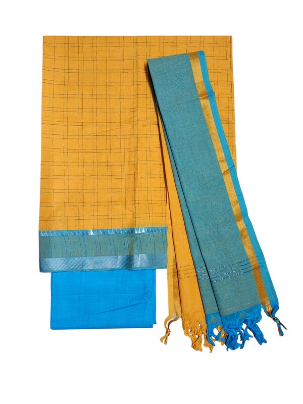 Yellow Mangalagiri Cotton Dress Materials for Women