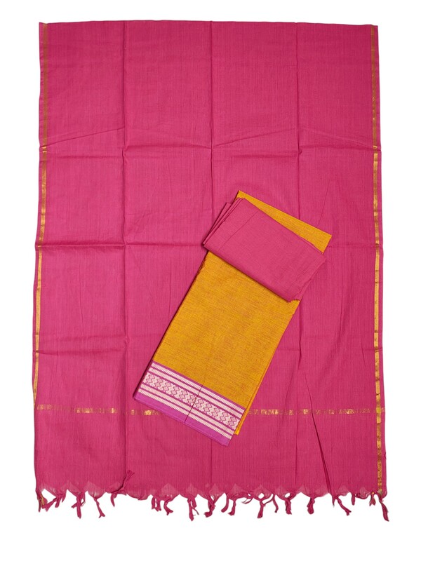 Pink & Orange Handloom Mangalagiri Cotton Unstitched Salwar Suit for Women
