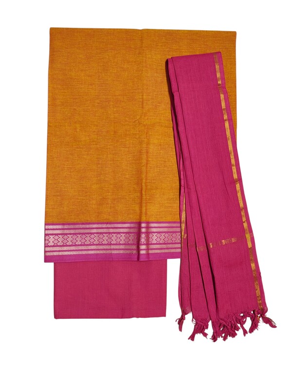Pink & Orange Handloom Mangalagiri Cotton Unstitched Salwar Suit for Women