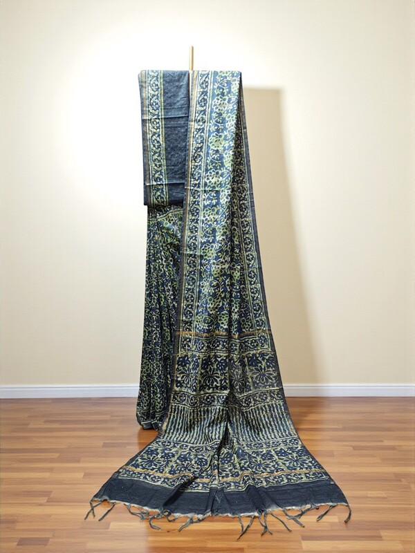 Green Chanderi Silk Block Print Saree for Women Green Chanderi Silk Block Print Saree for Women