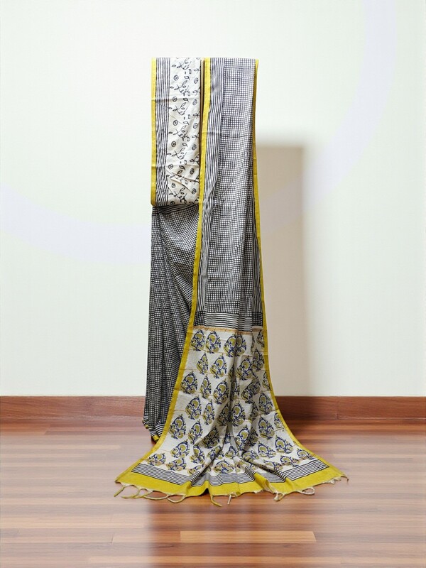 Black Chanderi Silk Block Print Saree for Women Black Chanderi Silk Block Print Saree for Women