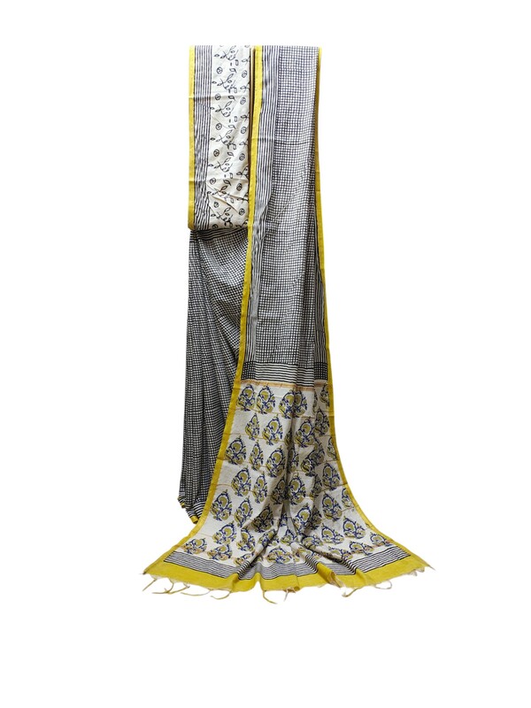 Black Chanderi Silk Block Print Saree for Women Black Chanderi Silk Block Print Saree for Women
