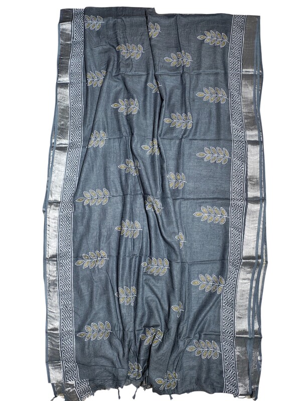Grey Hand Block Print Linen Saree for Women Grey Hand Block Print Linen Saree for Women