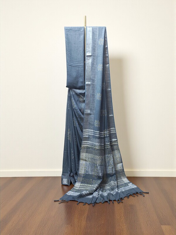 Grey Hand Block Print Linen Saree for Women Grey Hand Block Print Linen Saree for Women