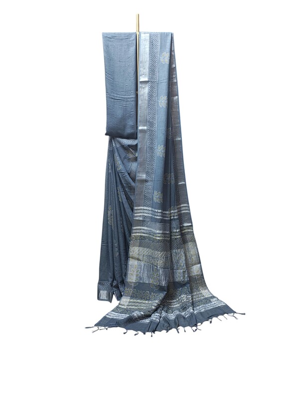 Grey Hand Block Print Linen Saree for Women Grey Hand Block Print Linen Saree for Women