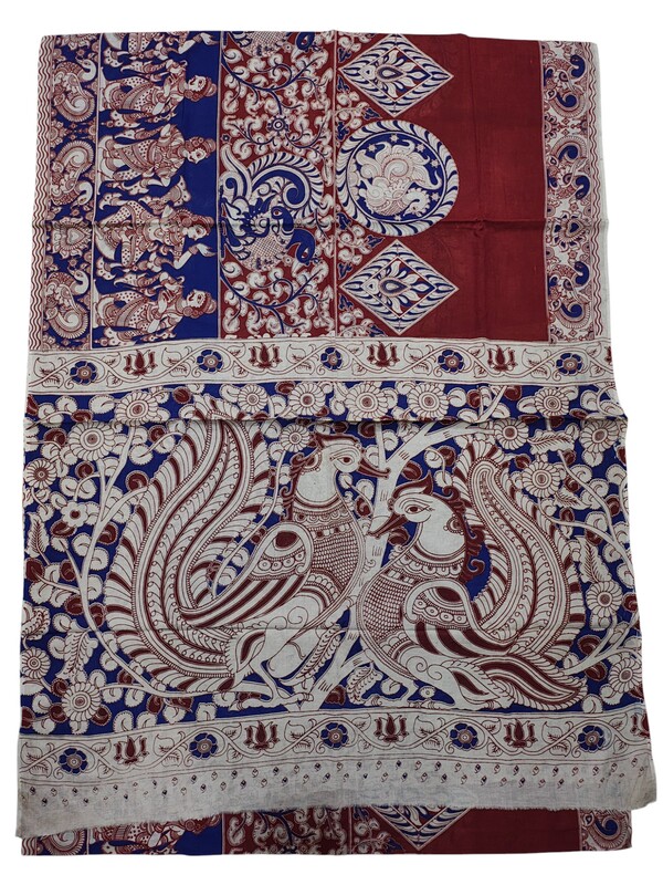 Red & Blue Kalamkari Cotton Saree with Blouse Piece