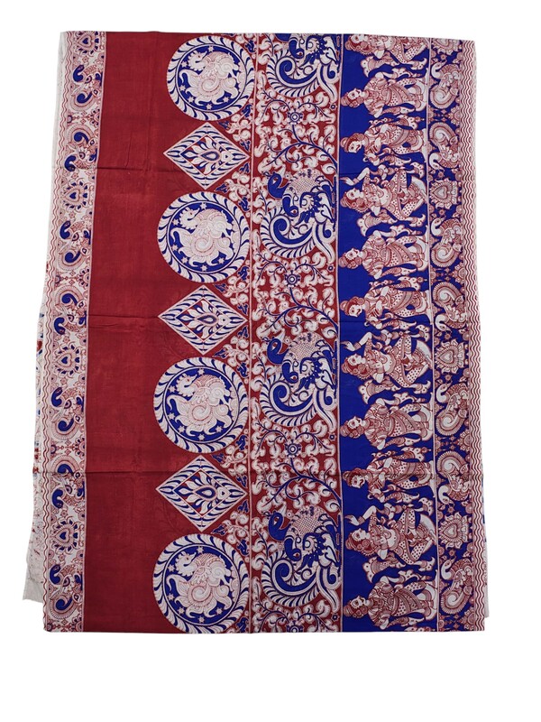 Red & Blue Kalamkari Cotton Saree with Blouse Piece