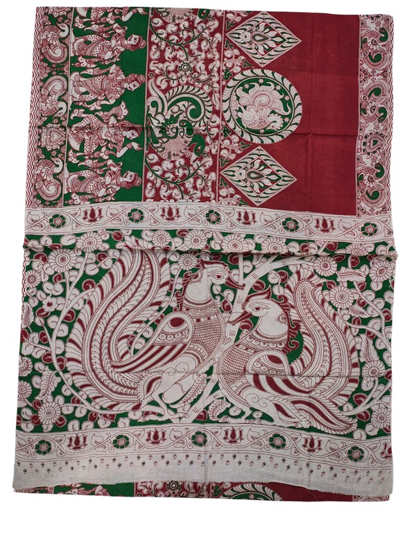 Red & Green Kalamkari Cotton Saree with Blouse Piece