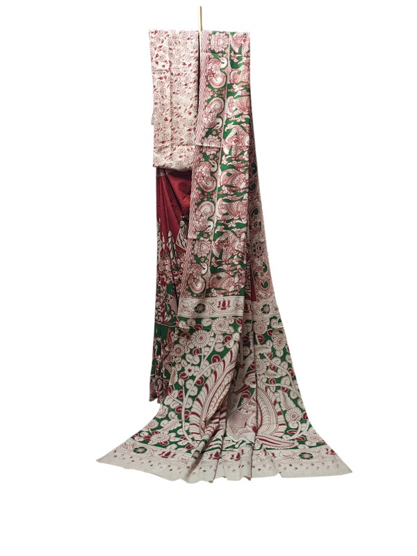 Red & Green Kalamkari Cotton Saree with Blouse Piece