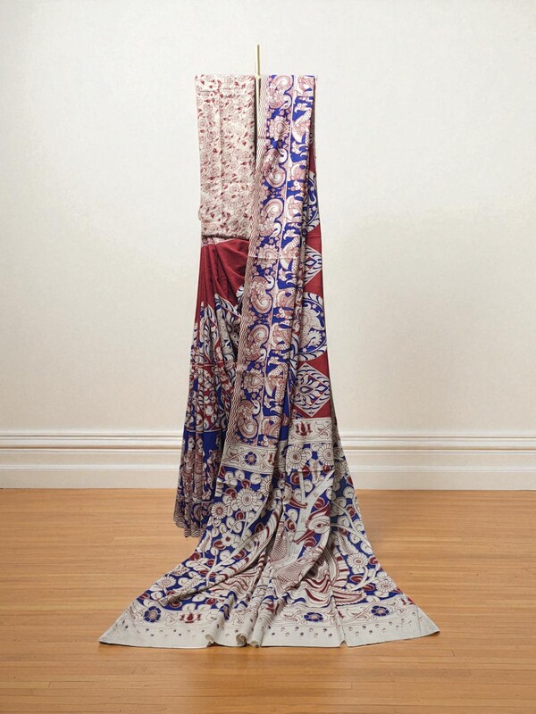 Red & Blue Kalamkari Cotton Saree with Blouse Piece