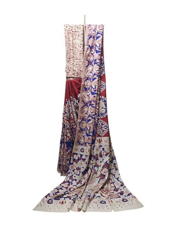 Red & Blue Kalamkari Cotton Saree with Blouse Piece