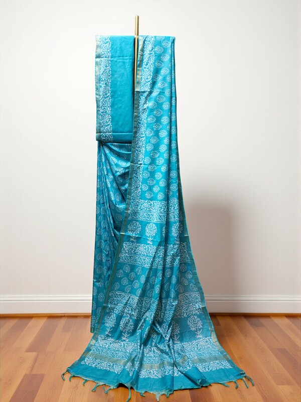 Firoza Block Print Silk Saree with Running Blouse