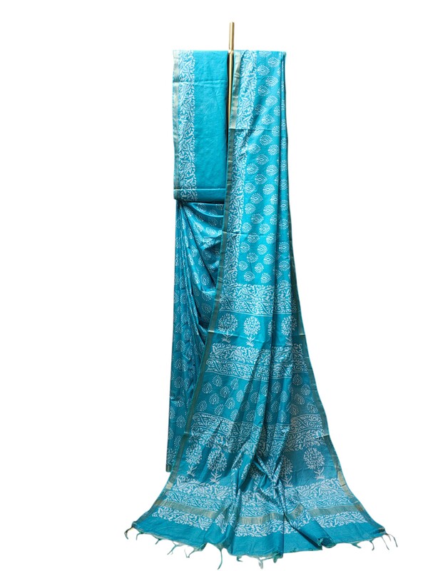 Firoza Block Print Silk Saree with Running Blouse