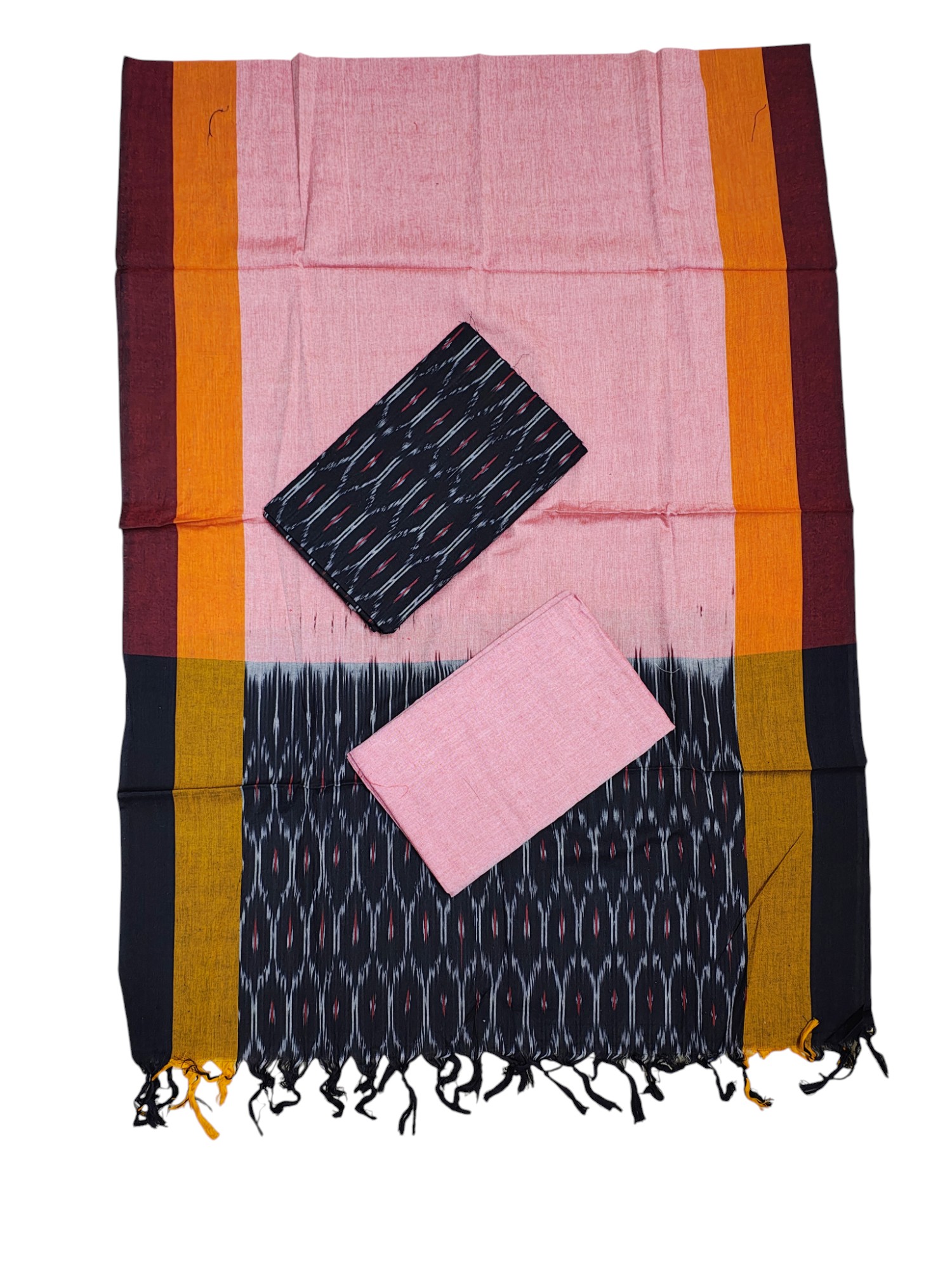 Black & Peach Pochampally Ikkat Cotton Dress Material with Dupatta