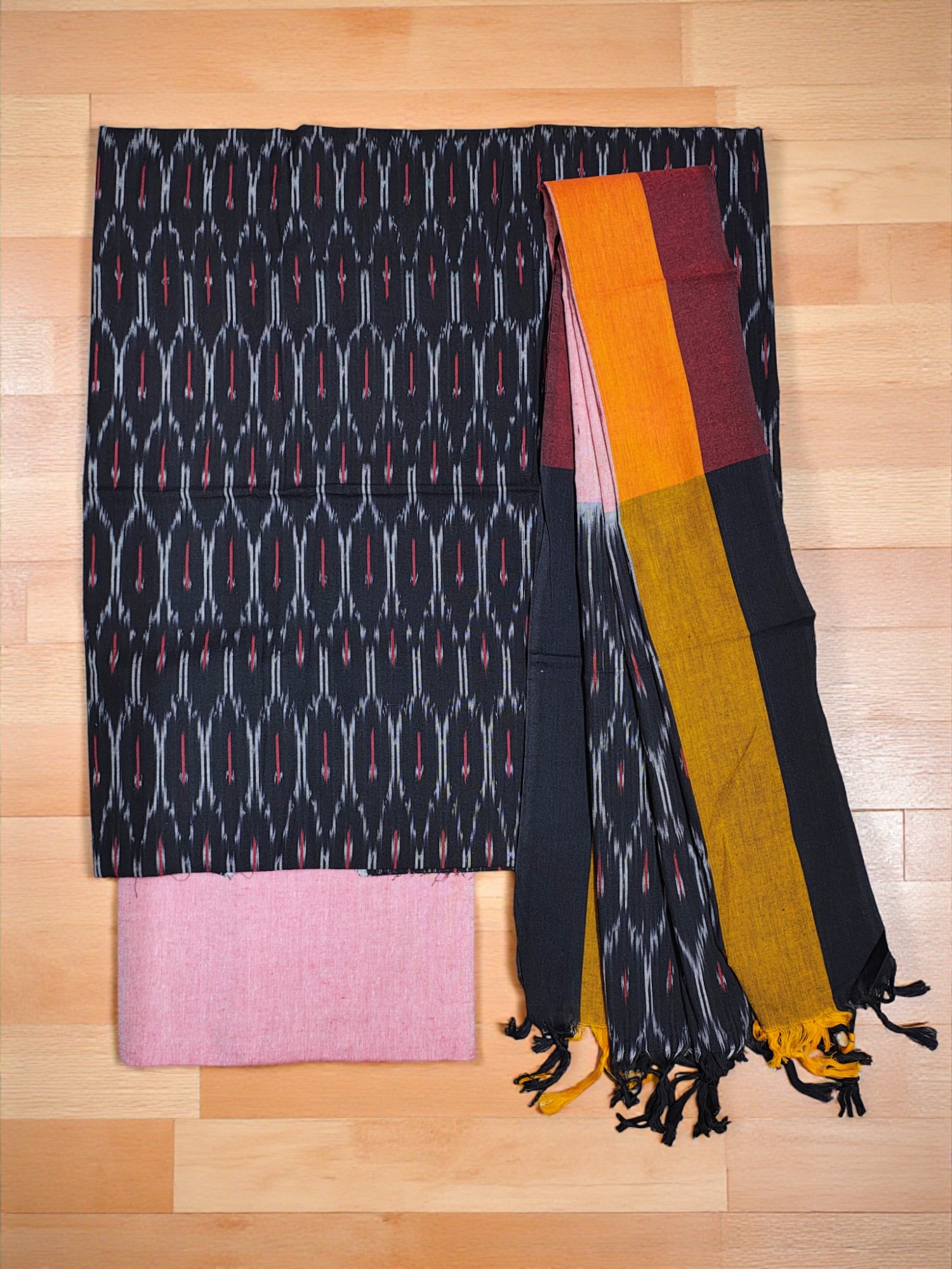 Black & Peach Pochampally Ikkat Cotton Dress Material with Dupatta
