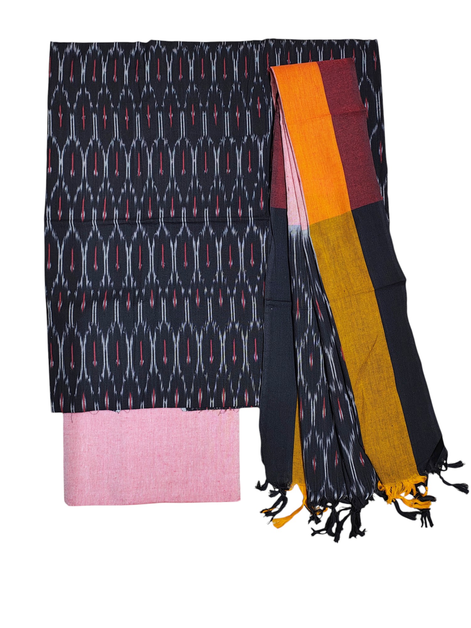 Black & Peach Pochampally Ikkat Cotton Dress Material with Dupatta