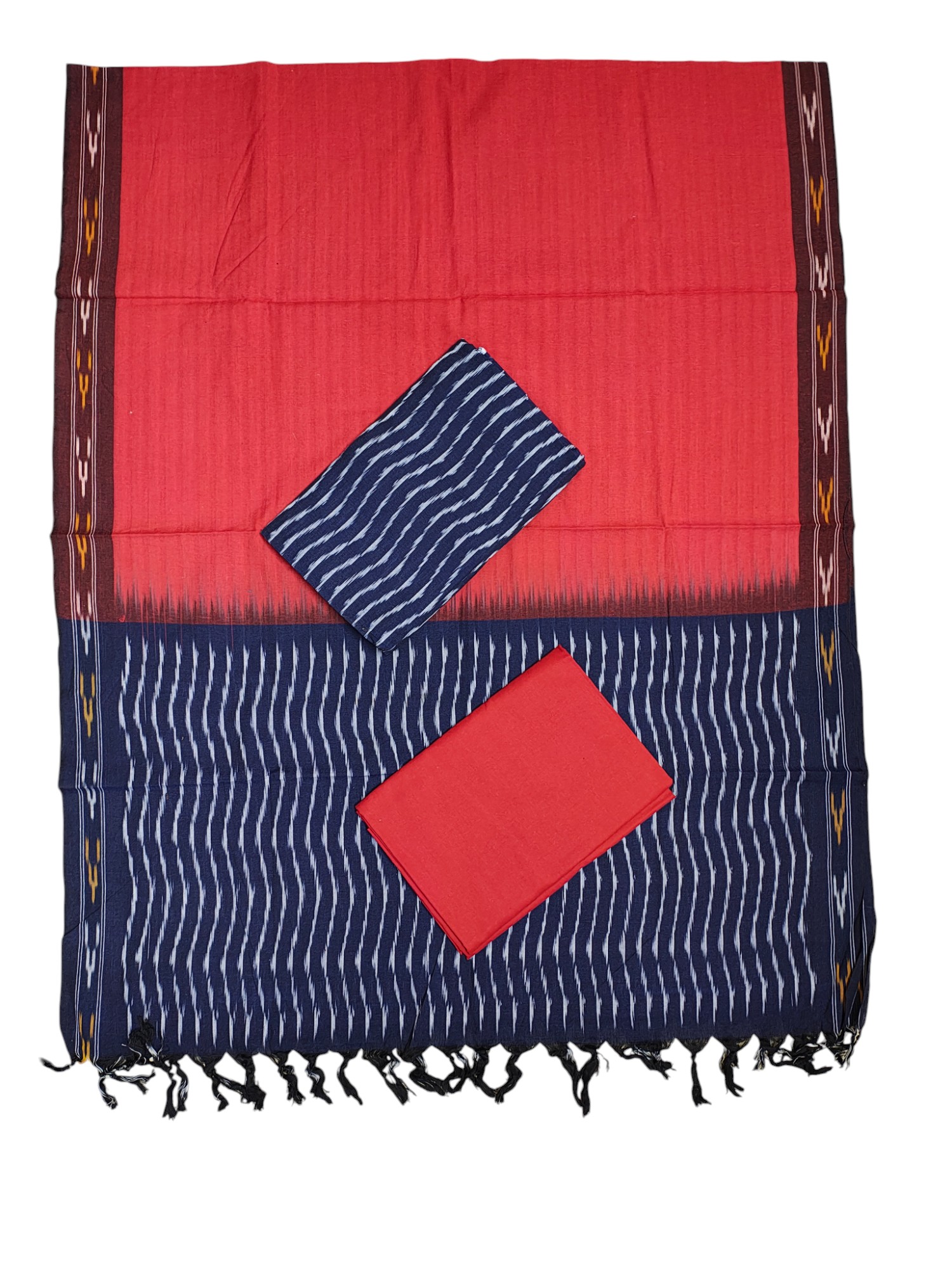 Blue & Red Pochampally Ikkat Dress Material with Dupatta