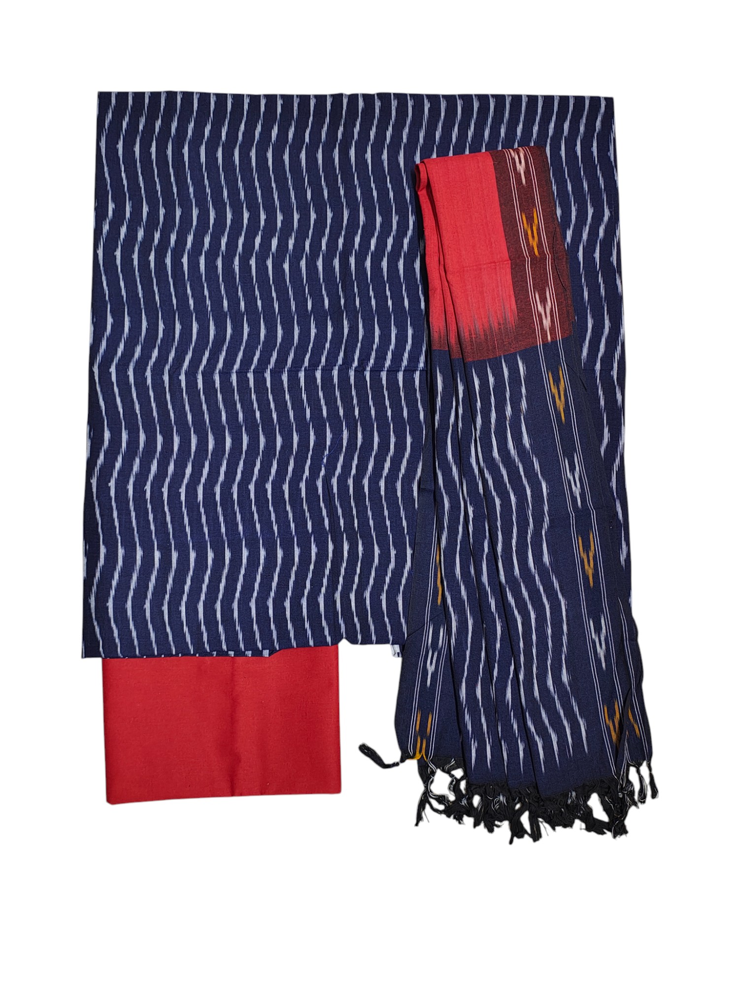 Blue & Red Pochampally Ikkat Dress Material with Dupatta
