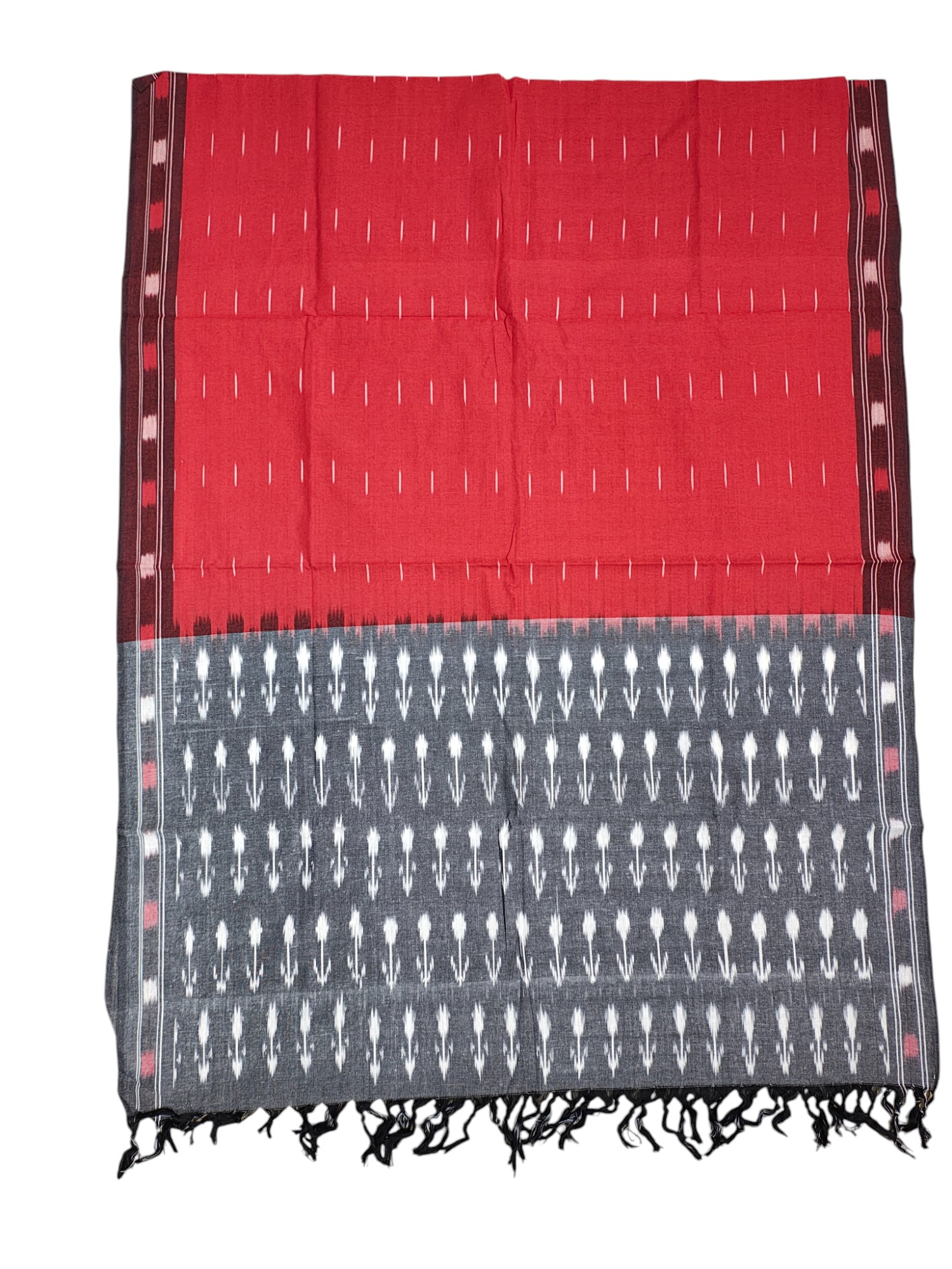 Grey & Red Pochampally Ikkat Cotton Dress Material with Dupatta