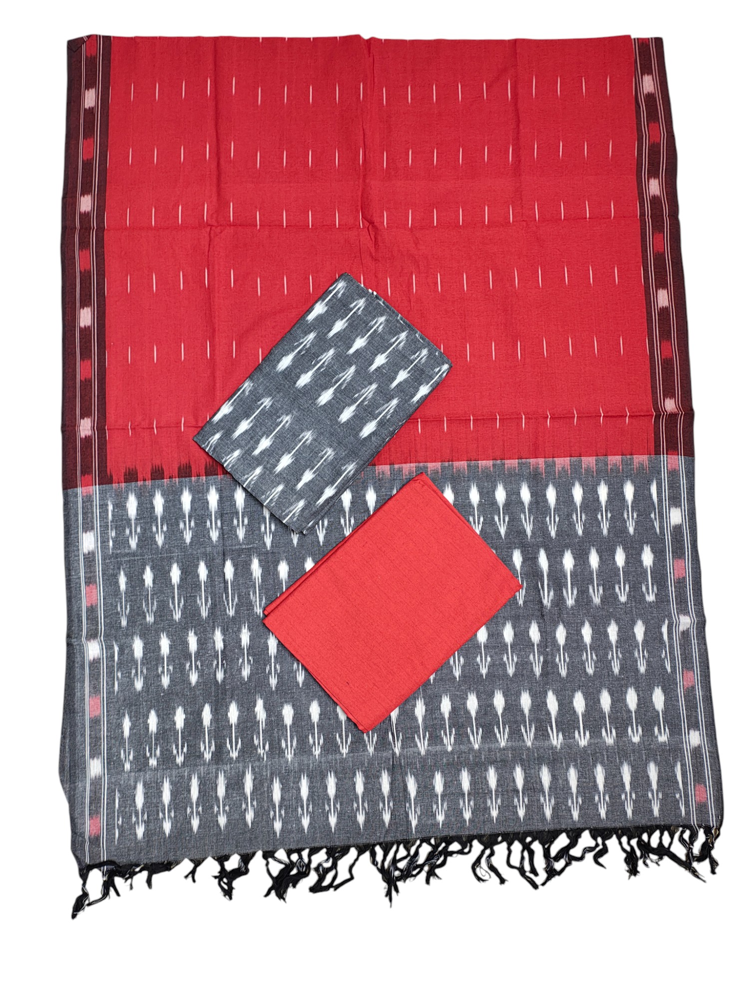 Grey & Red Pochampally Ikkat Cotton Dress Material with Dupatta