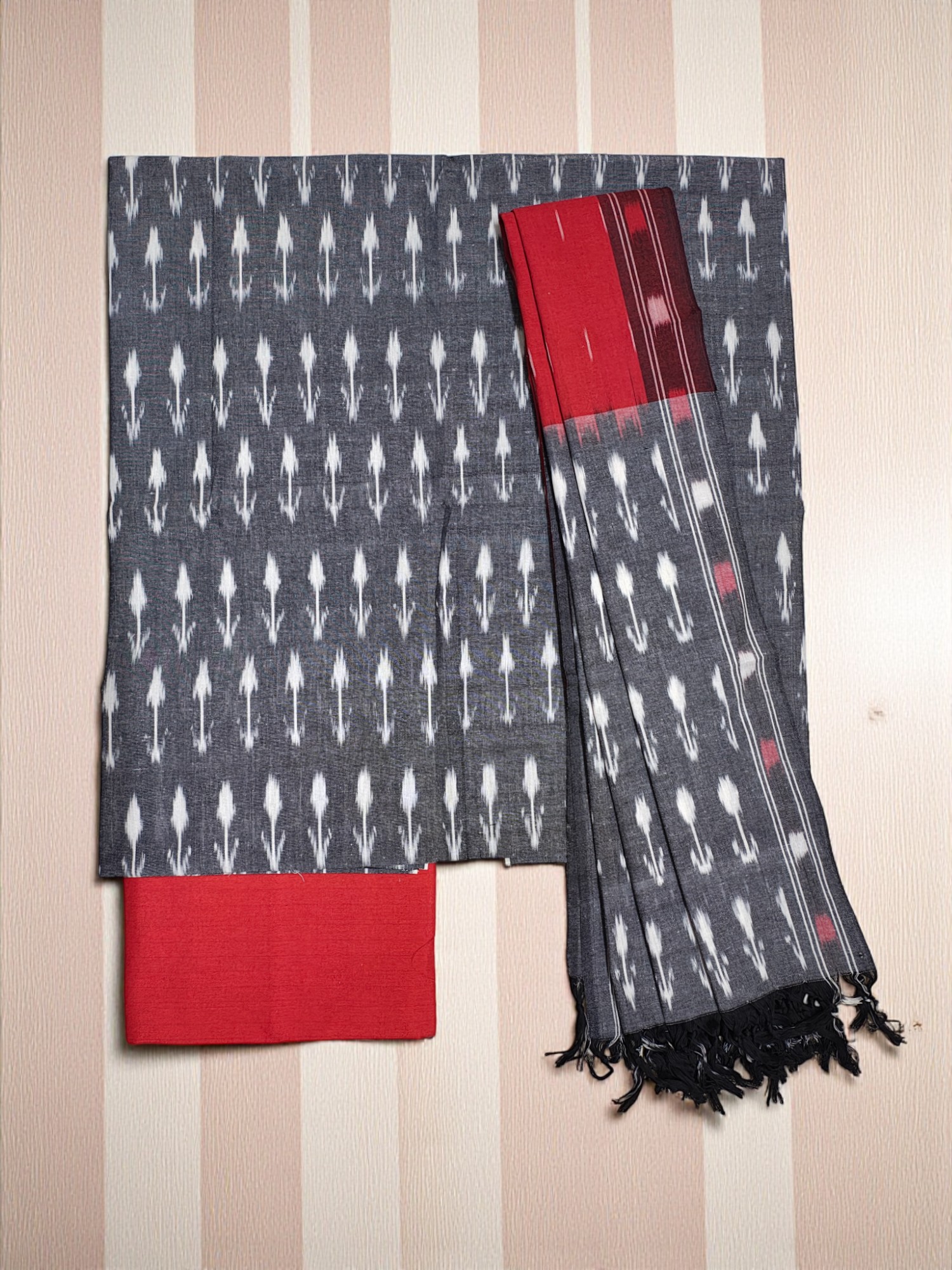 Grey & Red Pochampally Ikkat Cotton Dress Material with Dupatta