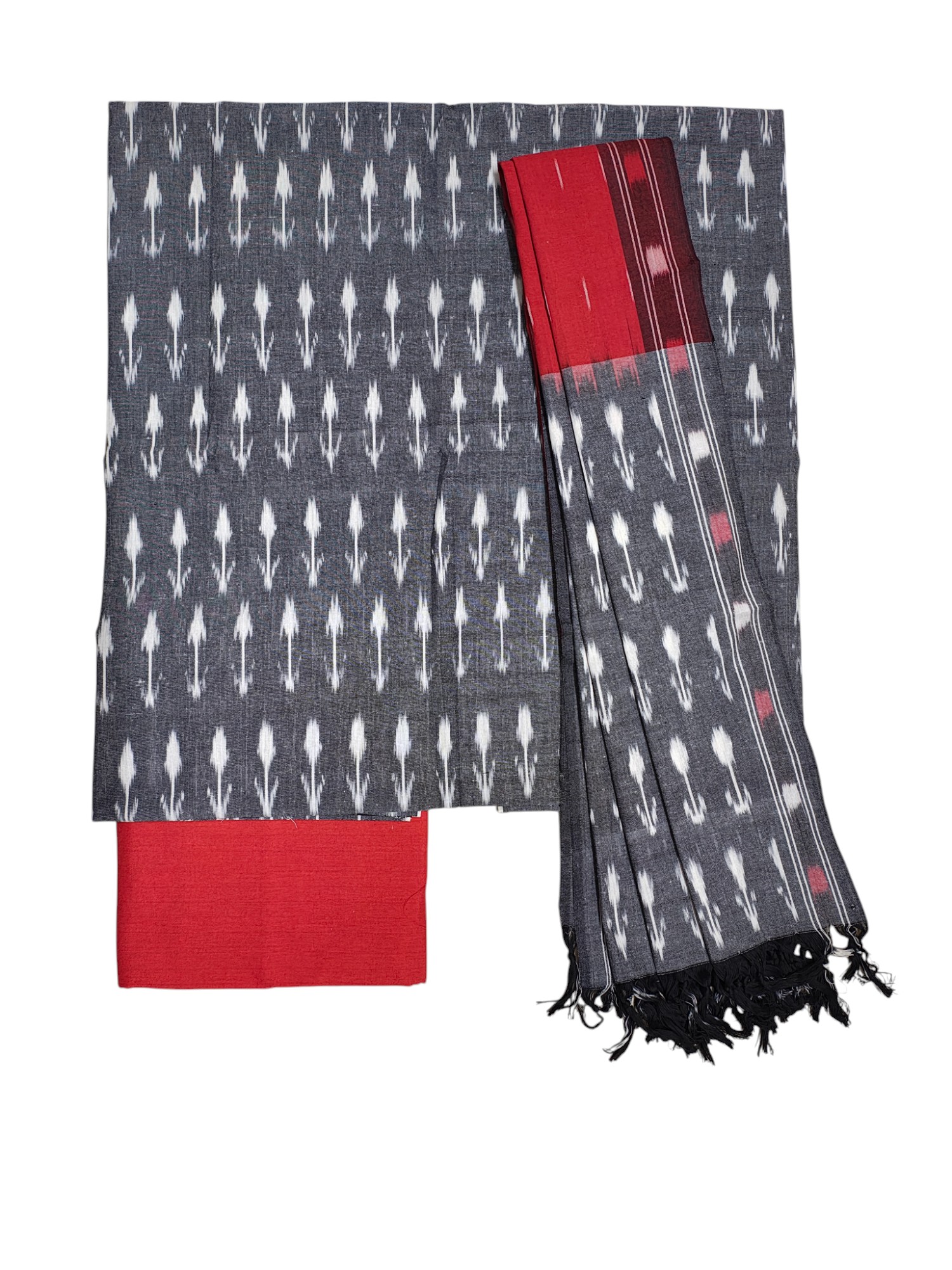 Grey & Red Pochampally Ikkat Cotton Dress Material with Dupatta