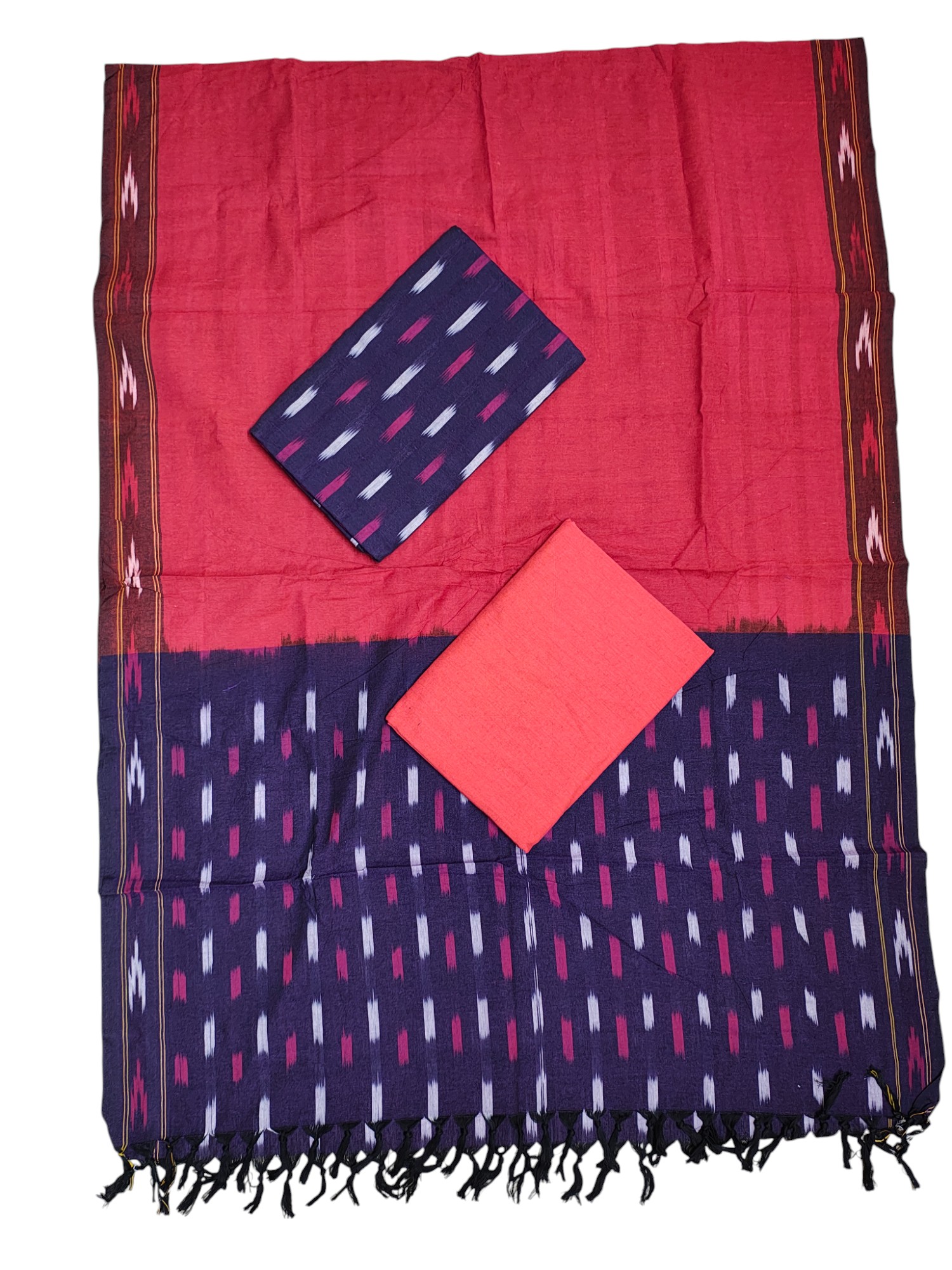 Purple & Red Pochampally Ikkat Cotton Dress Material with Dupatta