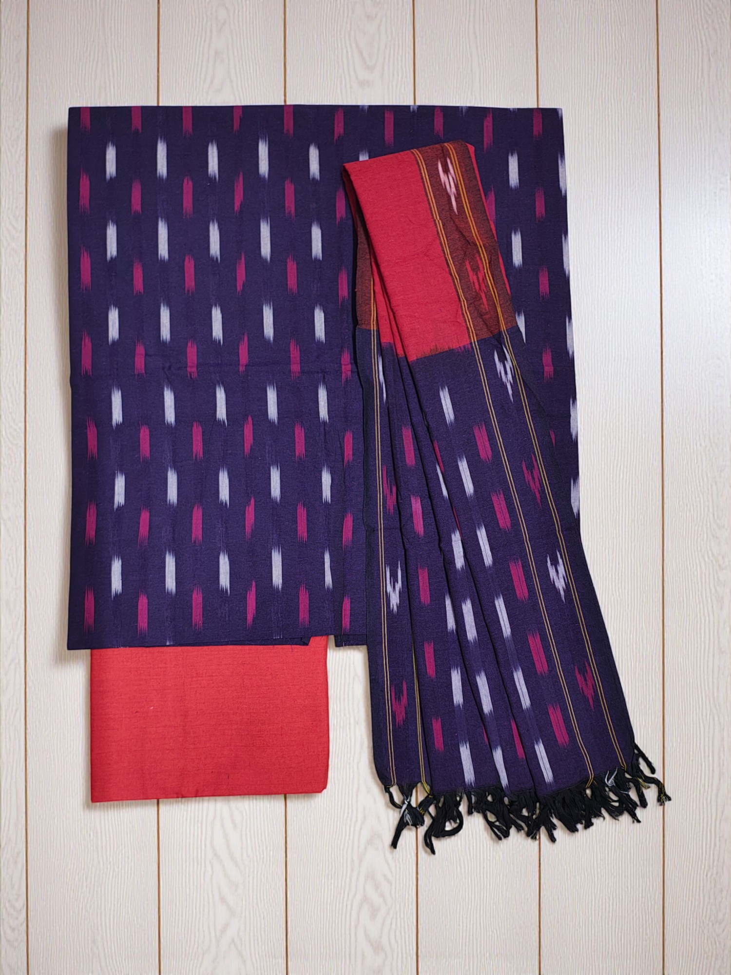 Purple & Red Pochampally Ikkat Cotton Dress Material with Dupatta
