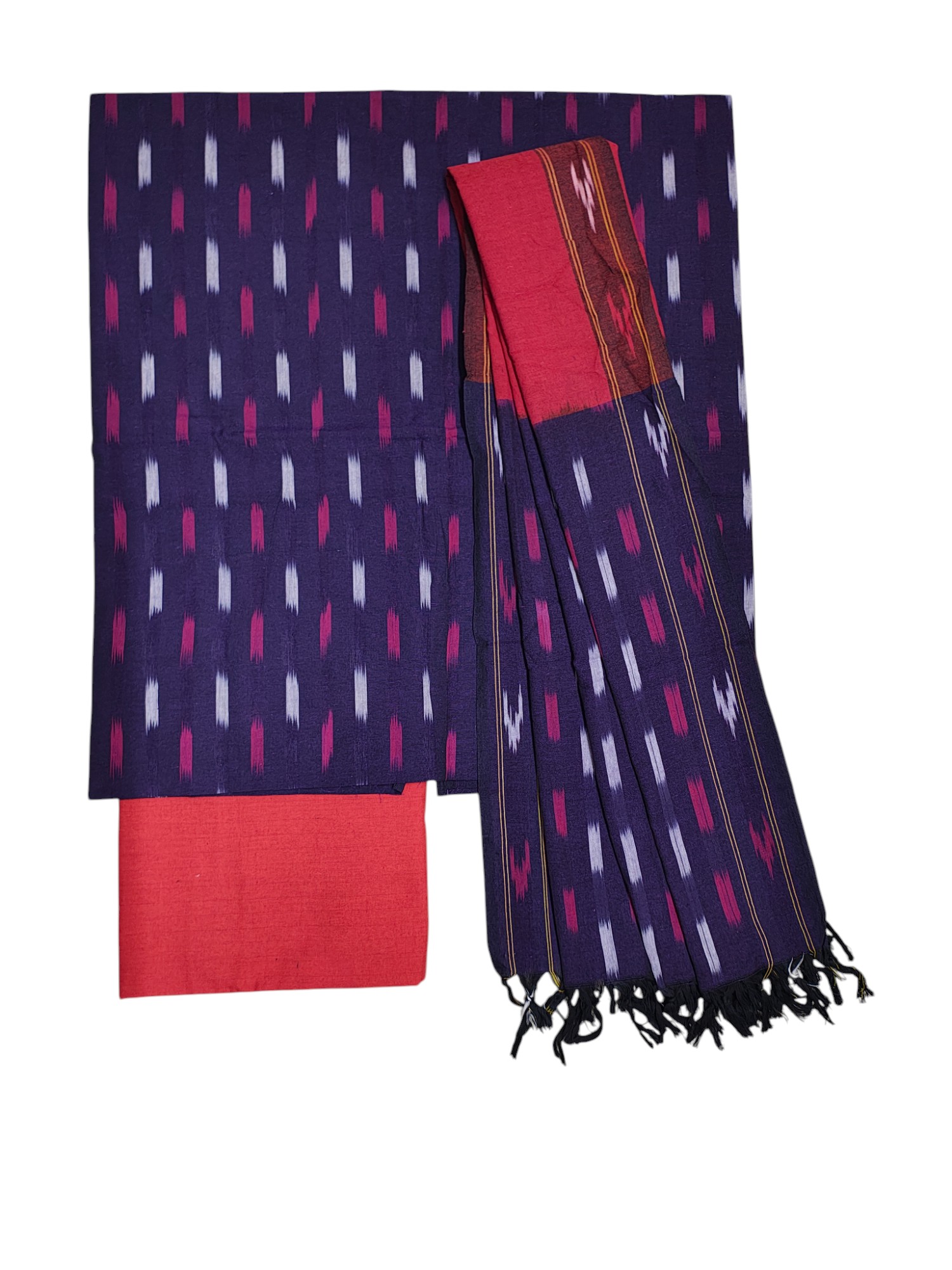 Purple & Red Pochampally Ikkat Cotton Dress Material with Dupatta