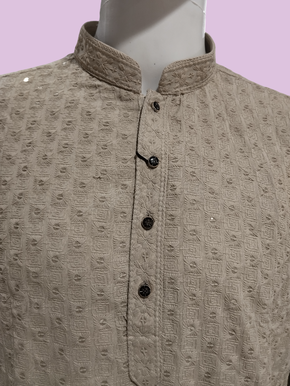 Men's Beige Embroidered Kurta with Pajama Set D.1/19