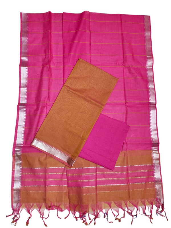 Orange & Pink Mangalagiri Handloom Cotton Dress Materials for Women