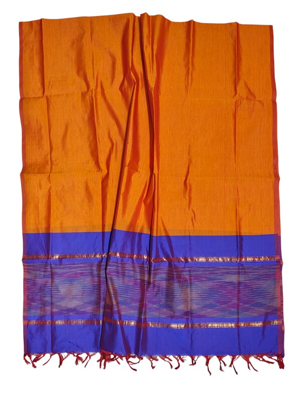 Purple & Orange Pochampally Ikkat Silk Dress Material with Dupatta