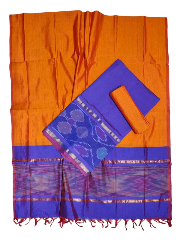 Purple & Orange Pochampally Ikkat Silk Dress Material with Dupatta