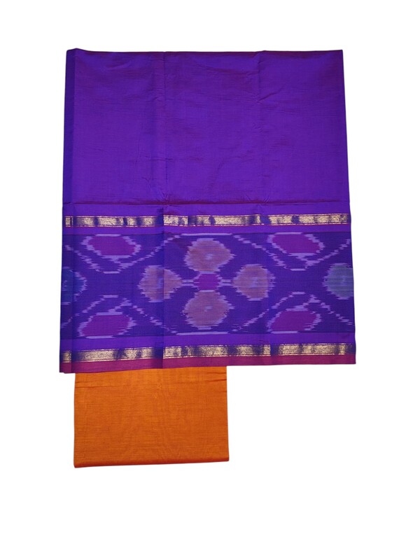 Purple & Orange Pochampally Ikkat Silk Dress Material with Dupatta