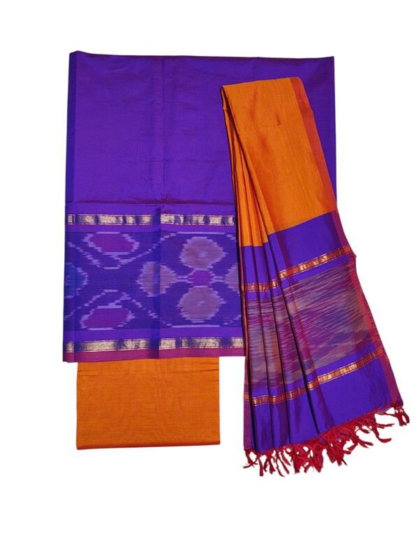 Purple & Orange Pochampally Ikkat Silk Dress Material with Dupatta