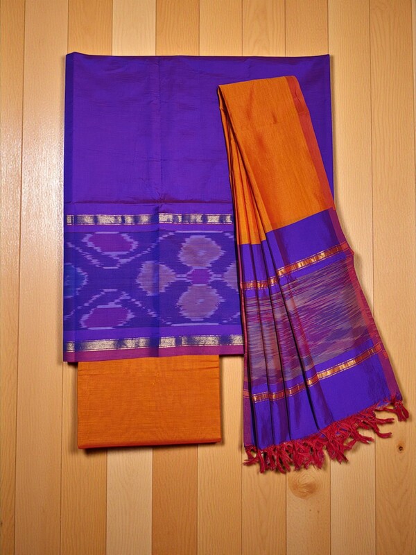 Purple & Orange Pochampally Ikkat Silk Dress Material with Dupatta