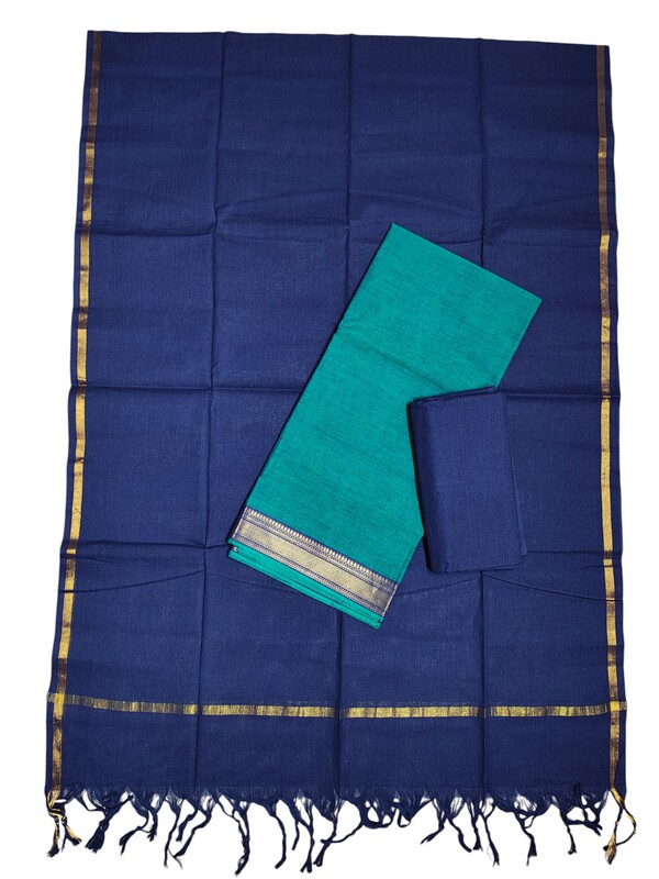 Green & Blue Mangalagiri Cotton Unstitched Salwar Suit Set with Dupatta for Women