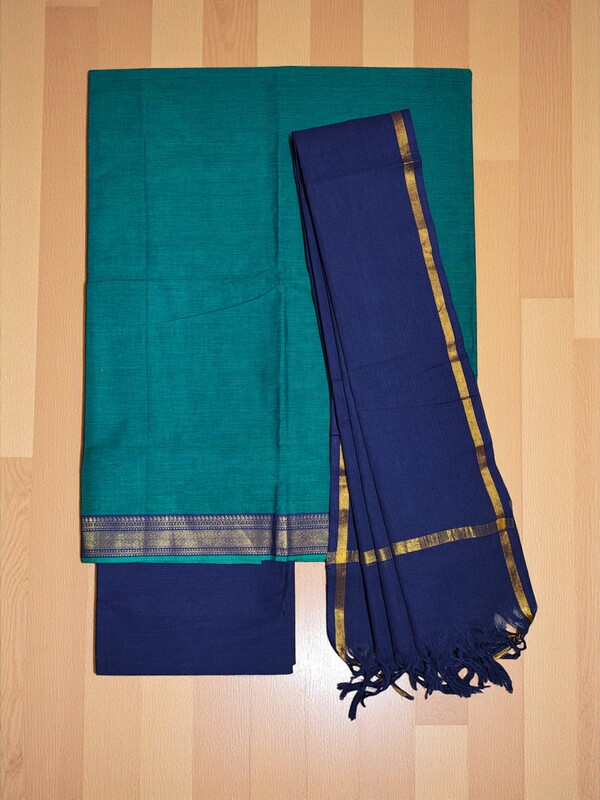 Green & Blue Mangalagiri Cotton Unstitched Salwar Suit Set with Dupatta for Women