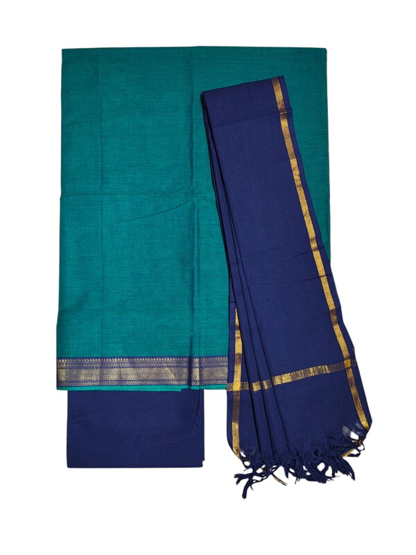 Green & Blue Mangalagiri Cotton Unstitched Salwar Suit Set with Dupatta for Women
