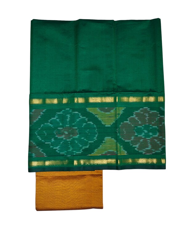 Green & Mustard Pochampally Ikkat Silk Dress Material with Dupatta