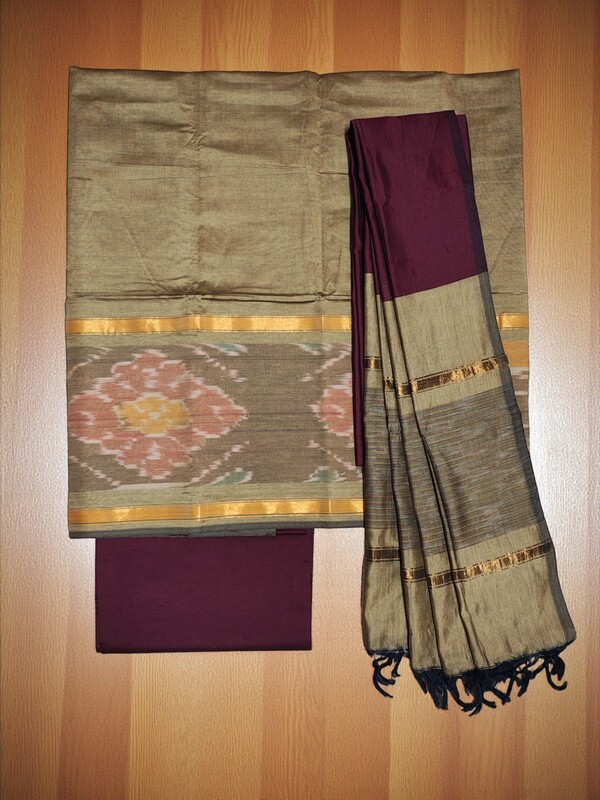 Beige & Maroon  Pochampally Ikkat Silk Dress Material with Dupatta