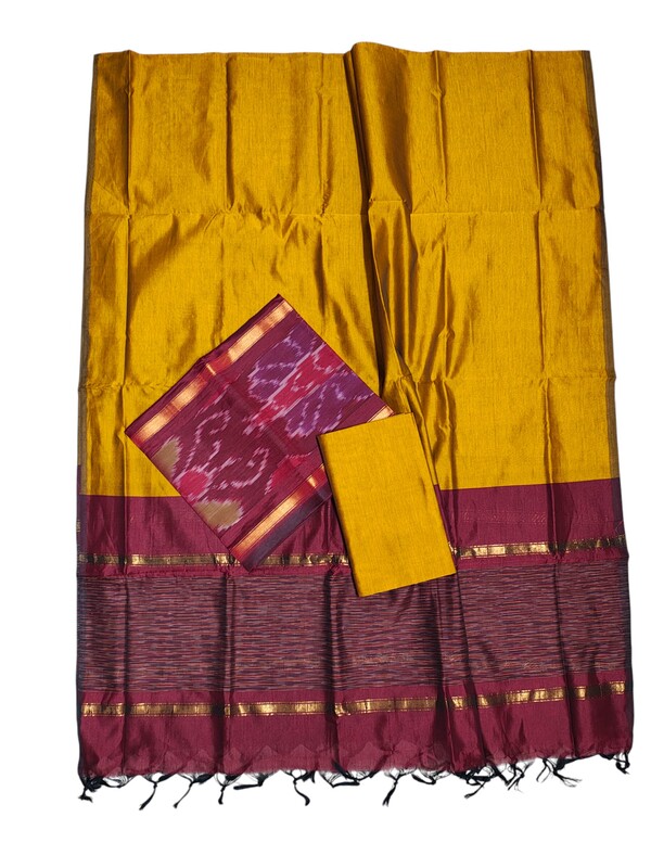 Maroon & Mustard Pochampally Ikkat Silk Dress Material with Dupatta