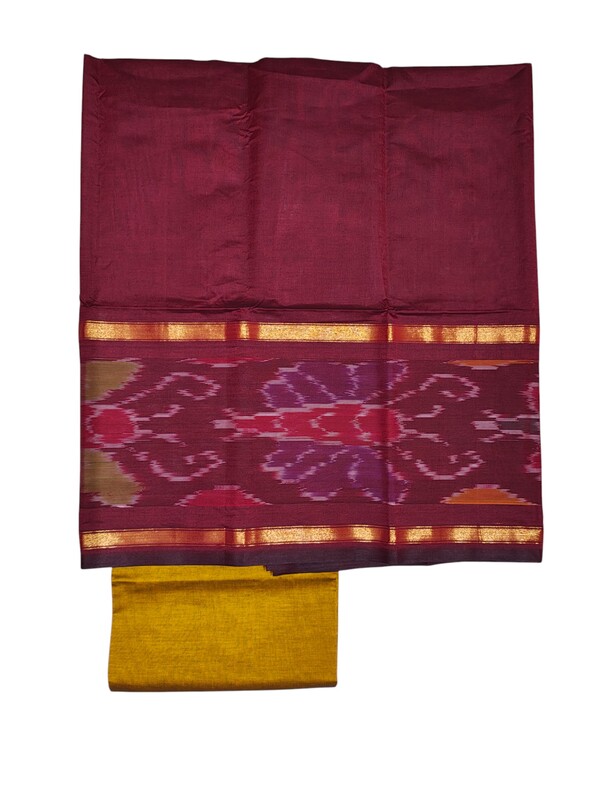 Maroon & Mustard Pochampally Ikkat Silk Dress Material with Dupatta