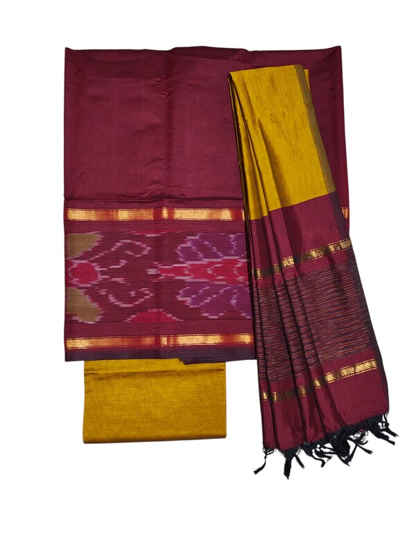 Maroon & Mustard Pochampally Ikkat Silk Dress Material with Dupatta