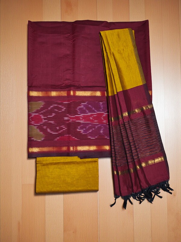 Maroon & Mustard Pochampally Ikkat Silk Dress Material with Dupatta