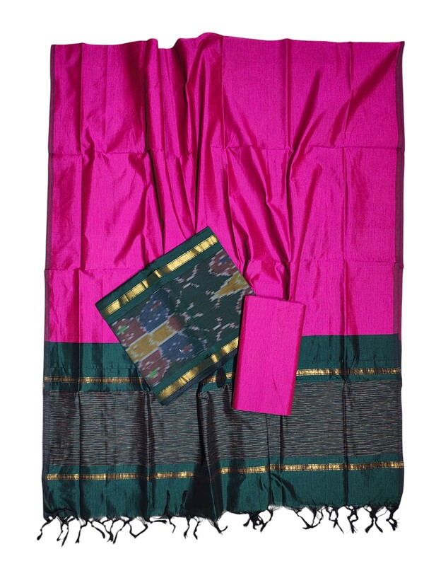 Green & Pink  Pochampally Ikkat Silk Dress Material with Dupatta