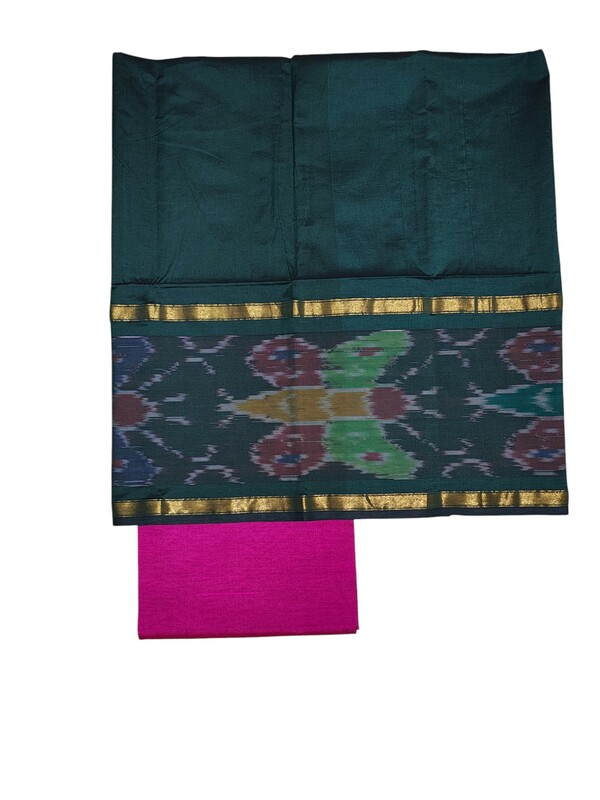 Green & Pink  Pochampally Ikkat Silk Dress Material with Dupatta