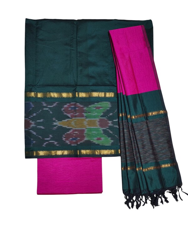 Green & Pink  Pochampally Ikkat Silk Dress Material with Dupatta