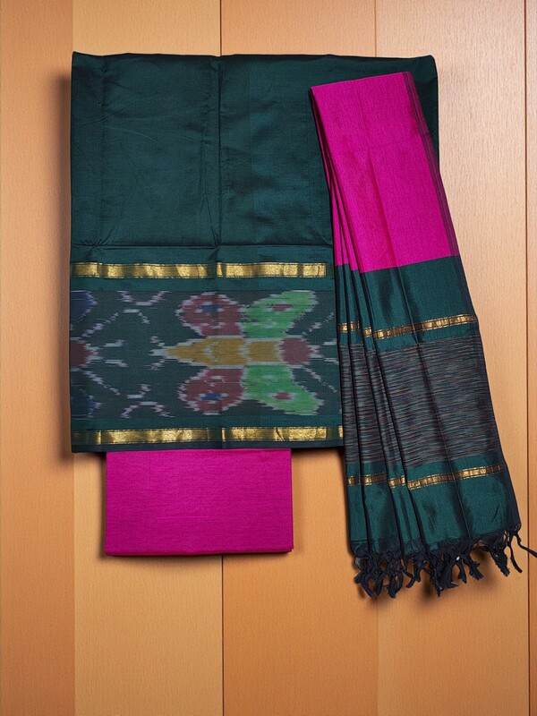 Green & Pink  Pochampally Ikkat Silk Dress Material with Dupatta