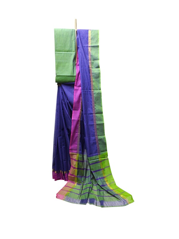 Indigo Mangalagiri Handloom Cotton Saree with Blouse Piece